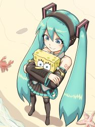 Rule 34 | 1boy, 1girl, beach, blue eyes, blue hair, boots, collared shirt, commentary, crab, crossed arms, detached sleeves, digiral, english commentary, foreshortening, from above, hatsune miku, highres, holding, long hair, long sleeves, looking down, nail polish, pleated skirt, sand, shirt, skirt, sleeveless, sleeveless shirt, smile, spongebob squarepants, spongebob squarepants (series), starfish, thigh boots, twintails, very long hair, vocaloid, water