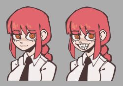Rule 34 | 1girl, black necktie, chainsaw man, ethossketches, looking at viewer, makima (chainsaw man), multiple views, necktie, orange eyes, ponytail, red hair, shirt, smile, teeth, upper body, white shirt