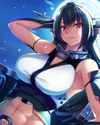 Rule 34 | 1girl, armpits, bare shoulders, black gloves, black hair, blush, breasts, elbow gloves, frown, full moon, gloves, hair between eyes, hairband, headgear, kantai collection, large breasts, long hair, moon, nagato (kancolle), navel, night, night sky, red eyes, sky, solo, star (sky), starry sky, yuhji