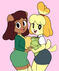 Rule 34 | 2girls, :3, afterimage, animal crossing, animal ears, black eyes, blonde hair, blouse, blue skirt, blush stickers, breast press, breasts, brown hair, buck teeth, carla (ok k.o.!), crossover, dog ears, dog girl, dog tail, female focus, furry, furry female, green skirt, green vest, hair ornament, hair tie, happy, highres, holding hands, interlocked fingers, isabelle (animal crossing), large breasts, long sleeves, looking at viewer, miniskirt, motion lines, multiple girls, neck ribbon, nintendo, ok k.o.! let&#039;s be heroes, open mouth, pencil skirt, pink background, plaid, plaid vest, red ribbon, ribbon, shirt, short hair, short sleeves, simple background, skirt, smile, standing, symmetrical docking, tail, tail wagging, teeth, thighhighs, topknot, tortoisesensei, trait connection, vest, white shirt, yellow legwear, yellow shirt
