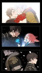 Rule 34 | 3koma, 4boys, ^ ^, ^o^, adventurer (ff14), animal ears, armor, black background, black coat, blue eyes, blue hair, bouquet, brown hair, cat ears, chainmail, closed eyes, coat, comic, crystal, crystal exarch, crystallization, dark knight (final fantasy), earclip, earrings, elezen, elf, emet-selch, epaulettes, eye contact, facial hair, facial mark, falling petals, final fantasy, final fantasy xiv, flower, from side, fur-trimmed coat, fur trim, g&#039;raha tia, garlean, giving, gradient hair, grin, hair between eyes, haurchefant greystone, highres, holding, holding flower, hyur, jewelry, light particles, looking ahead, looking at another, male focus, material growth, miqo&#039;te, multicolored hair, multiple boys, pauldrons, petals, pointy ears, portrait, profile, red eyes, red flower, red hair, red rose, rose, short hair, shoulder armor, smile, stubble, two-tone hair, warrior of light (ff14), white hair, wuliu heihuo, yaoi, yellow eyes