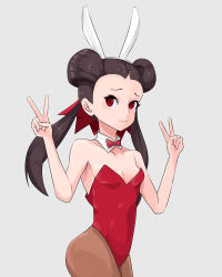 Rule 34 | 1girl, animal ears, bare shoulders, bow, bowtie, breasts, brown hair, cleavage, creatures (company), detached collar, fake animal ears, game freak, hair pulled back, highres, krimo, leotard, long hair, looking at viewer, nintendo, pantyhose, playboy bunny, pokemon, pokemon oras, rabbit ears, red eyes, red leotard, roxanne (pokemon), simple background, small breasts, smile, solo, standing, twintails, v, v arms