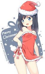 Rule 34 | 1girl, bare arms, bare shoulders, black hair, blue eyes, blush, bow, breasts, chinese commentary, christmas, clothes lift, collarbone, commentary request, contrapposto, dress, dress lift, fur-trimmed dress, fur-trimmed headwear, fur trim, gluteal fold, groin, hat, hatsunatsu, head tilt, lifted by self, long hair, looking at viewer, merry christmas, original, red bow, red dress, red hat, red ribbon, ribbon, santa costume, santa hat, small breasts, solo, standing, strapless, strapless dress, striped bow, striped ribbon, watermark, web address, white background