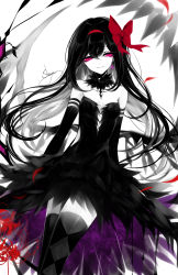 Rule 34 | 1girl, absurdres, akemi homura, akuma homura, artist name, bad id, bad pixiv id, bare shoulders, black collar, black dress, black gloves, black hair, black thighhighs, bow, breasts, cleavage, collar, collarbone, commentary, dress, earrings, elbow gloves, eyelashes, flower, gloves, grin, hair between eyes, hair bow, hairband, head tilt, highres, jewelry, limited palette, long hair, looking at viewer, mahou shoujo madoka magica, mahou shoujo madoka magica: hangyaku no monogatari, petals, pink eyes, red bow, red flower, red hairband, sheya, signature, simple background, small breasts, smile, solo, spoilers, spot color, strapless, strapless dress, symbol-only commentary, thighhighs, thighs, weibo logo, weibo watermark, white background, zettai ryouiki