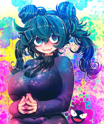 Rule 34 | 1girl, @ @, alternate breast size, alternate hairstyle, blue eyes, blush, breasts, creatures (company), double bun, fingers together, game freak, gastly, gen 1 pokemon, gradient eyes, hair bun, hakkasame, hex maniac (pokemon), large breasts, long hair, looking at viewer, messy hair, multicolored eyes, nail polish, nintendo, npc trainer, plump, pokemon, pokemon (creature), pokemon xy, purple eyes, purple hair, purple nails, ribbed sweater, smile, steepled fingers, sweat, sweater, wavy mouth