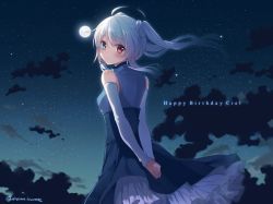 Rule 34 | 1girl, arms behind back, blue eyes, blush, ciel sacred, cloud, cloudy sky, detached sleeves, dress, from behind, hair ornament, heterochromia, long hair, looking at viewer, looking back, mishima kurone, moon, night, night sky, original, outdoors, red eyes, sky, smile, solo, twintails, white hair
