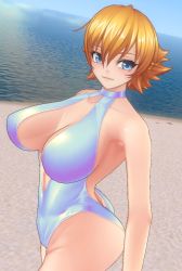 Rule 34 | 1girl, 3d, action taimanin, ass, bare legs, bare shoulders, blonde hair, blue eyes, breasts, cleavage cutout, clothing cutout, highleg, highleg swimsuit, huge ass, igawa sakura, large breasts, lips, looking at viewer, looking to the side, loppybun, ocean, official alternate costume, one-piece swimsuit, shiny skin, solo, standing, swimsuit, taimanin (series), taimanin asagi, water, white one-piece swimsuit