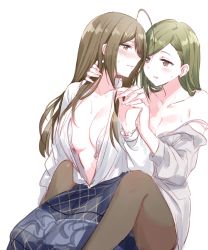 Rule 34 | 2girls, ahoge, alternate hairstyle, bad id, bad twitter id, bare shoulders, blue skirt, blush, bra, breasts, brown eyes, brown hair, cleavage, clothes pull, commentary request, earrings, green eyes, green hair, hair down, hand on another&#039;s neck, holding hands, idolmaster, idolmaster shiny colors, jewelry, kuwayama chiyuki, long hair, long skirt, looking at another, looking to the side, medium breasts, multiple girls, nanakusa hazuki, off shoulder, open bra, open clothes, open shirt, pantyhose, profile, romi (346 ura), shirt pull, simple background, sitting, skirt, sweat, underwear, undressing, undressing another, wavy mouth, white background, yuri