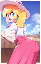 Rule 34 | 1girl, :d, ass, blonde hair, blue eyes, border, breasts, desert, earrings, eyelashes, from behind, from side, full moon, hat, hat ribbon, highres, itsdatskelebutt, jewelry, large breasts, lips, long hair, looking back, mario (series), moon, nintendo, open mouth, outdoors, pink lips, pink neckwear, pink ribbon, pink scarf, pink skirt, polka dot, polka dot neckwear, ponytail, princess peach, princess peach (vacation), puffy short sleeves, puffy sleeves, ribbon, scarf, shirt, shirt tucked in, short sleeves, skirt, smile, solo, sun hat, super mario odyssey, teeth, thick eyebrows, upper teeth only, white border, white hat, white shirt