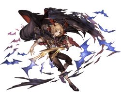 Rule 34 | 10s, 1boy, bat (animal), bat wings, blonde hair, cape, full body, granblue fantasy, head wings, holding, holding weapon, male focus, minaba hideo, official art, pointy ears, shingeki no bahamut, smile, solo, transparent background, vampire, veight, weapon, wings