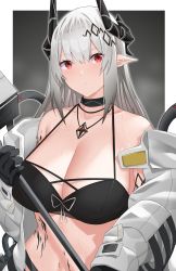 Rule 34 | 1girl, absurdres, arind yudha, arknights, bare shoulders, bikini, bikini under clothes, black bikini, black gloves, blush, breasts, cleavage, closed mouth, collar, collarbone, gloves, grey hair, hair ornament, hammer, highres, holding, holding hammer, holding weapon, horns, huge breasts, infection monitor (arknights), jewelry, large breasts, long hair, long sleeves, looking at viewer, material growth, mudrock (arknights), mudrock (elite ii) (arknights), navel, necklace, oripathy lesion (arknights), pointy ears, red eyes, solo, steaming body, sweat, swimsuit, upper body, very long hair, weapon