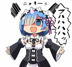 Rule 34 | 10s, 1girl, :d, blue eyes, blue hair, breasts, detached sleeves, dress, frills, hair ornament, hair over one eye, horns, kanikama, lowres, maid, maid headdress, matching hair/eyes, oni, oni horns, open hands, open mouth, outstretched arms, re:zero kara hajimeru isekai seikatsu, rem (re:zero), ribbon, shaded face, short hair, single horn, smile, solo, text focus, translation request, x hair ornament