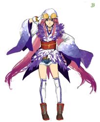 Rule 34 | 1girl, belt, blue eyes, boots, brown belt, brown footwear, commentary, cross-laced footwear, denim, denim shorts, english commentary, entei ryu, feathers, goggles, goggles on headwear, highres, humanization, jewelry, lace-up boots, necklace, purple feathers, short shorts, shorts, sketch, smile, solo, sonic (series), sonic riders, thighhighs, wave the swallow, white background, white headwear, white thighhighs, wide sleeves