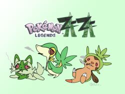Rule 34 | animal ears, boke-chan, cannabis print, cat, cat ears, chespin, creatures (company), drugs, full body, game freak, gen 5 pokemon, gen 6 pokemon, gen 9 pokemon, green background, logo, lying, nintendo, parody, pokemon, pokemon (creature), pokemon legends: z-a, rolling eyes, smoking, snivy, sprigatito, standing, tail, twitter username