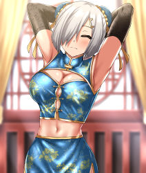 Rule 34 | 1girl, absurdres, alternate costume, alternate hairstyle, armpits, arms behind head, arms up, black gloves, breasts, bun cover, chinese clothes, closed eyes, commission, double bun, elbow gloves, gloves, grey hair, hair bun, hair ornament, hair over one eye, hairclip, hamakaze (kancolle), highres, kantai collection, large breasts, midriff, navel, pixiv commission, short hair, sleeveless, solo, upper body, zanntetu