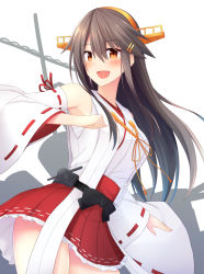 Rule 34 | 1girl, :d, akahi242, armpits, black hair, blush, breasts, brown eyes, detached sleeves, hair ornament, hairclip, haruna (kancolle), headgear, highres, kantai collection, large breasts, long hair, looking to the side, nontraditional miko, open mouth, pleated skirt, red skirt, skirt, smile, solo, thighs, wide sleeves