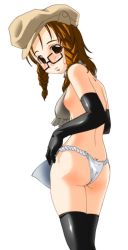 Rule 34 | 1girl, 45acp, ass, bare shoulders, black gloves, black thighhighs, blush, braid, breasts, brown eyes, brown hair, cabbie hat, elbow gloves, flat ass, fundoshi, glasses, gloves, hair over shoulder, hat, japanese clothes, looking back, medium breasts, nipples, original, simple background, solo, thighhighs, twin braids, white background
