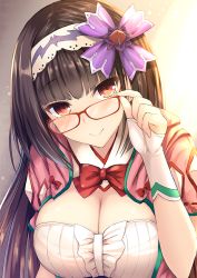 Rule 34 | 1girl, adjusting eyewear, black hair, blunt bangs, blush, bow, breasts, center frills, cleavage, closed mouth, fate/grand order, fate (series), fingerless gloves, frills, glasses, gloves, hair ornament, hair ribbon, hairband, hood, hoodie, japanese clothes, large breasts, long hair, looking at viewer, low twintails, osakabehime (fate), red-framed eyewear, red bow, red eyes, red neckwear, ribbon, ribbon-trimmed sleeves, ribbon trim, shiny skin, short sleeves, smile, solo, taiki ken, twintails, two-tone hairband, upper body, very long hair