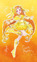 Rule 34 | 1girl, :d, boots, bow, brown hair, capelet, character name, choker, circlet, cure muse (yellow), eyelashes, floating hair, frilled capelet, frills, full body, gradient background, hair bow, hair ornament, heart, heart hair ornament, highres, knee boots, leg up, long hair, long sleeves, looking at viewer, miniskirt, open mouth, orange background, outline, outstretched arms, precure, red eyes, shirt, skirt, sleeves past wrists, smile, solo, suite precure, twintails, usiusi nanas, very long hair, yellow background, yellow bow, yellow capelet, yellow choker, yellow footwear, yellow shirt, yellow skirt