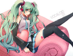 Rule 34 | 1girl, bad id, bad pixiv id, couch, cushion, detached sleeves, green eyes, green hair, hatsune miku, headset, heart, komoro, long hair, matching hair/eyes, necktie, sitting, skirt, solo, thighhighs, twintails, very long hair, vocaloid