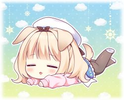 Rule 34 | 1girl, animal ears, beret, black pantyhose, black ribbon, blonde hair, blue skirt, blush, chibi, closed eyes, commentary request, dog ears, dog girl, dog tail, facing viewer, full body, hair ribbon, hat, jacket, leg up, long sleeves, lying, on stomach, open mouth, original, pantyhose, pink jacket, pleated skirt, ribbon, ryuuka sane, shoe soles, shoes, skirt, sleeves past wrists, solo, star (symbol), starry background, tail, white footwear, white hat
