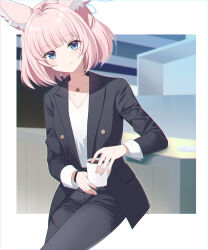 Rule 34 | 1girl, alternate costume, animal ear fluff, animal ears, black pants, blue archive, blue eyes, blush, closed mouth, cowboy shot, cup, eko, fingernails, formal, fox ears, halo, highres, holding, holding cup, jewelry, long sleeves, necklace, niko (blue archive), pants, pink hair, short hair, smile, solo, suit, white hair