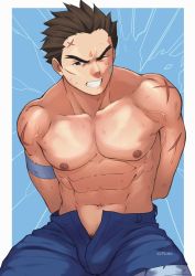 Rule 34 | 1boy, abs, arms behind head, bara, bulge, cowboy shot, cross scar, dirty, dirty face, forked eyebrows, highres, ichimonji batsu, justice gakuen, looking at viewer, male focus, male pubic hair, muscular, muscular male, navel, nipples, no male underwear, pectorals, pubic hair, pubic hair peek, scar, scar on arm, short hair, sideburns, sitting, solo, stomach, thick eyebrows, thick thighs, thighs, topless male, zink (zink mchn)