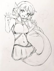 Rule 34 | 1girl, :d, adapted costume, breasts, d-m (dii emu), drill hair, drill sidelocks, fins, full body, head fins, looking at viewer, medium breasts, mermaid, monochrome, monster girl, navel, open mouth, short hair, sidelocks, sketch, smile, solo, swimsuit, touhou, traditional media, wakasagihime