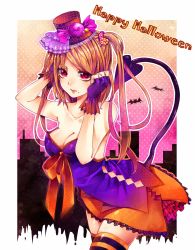 Rule 34 | 1girl, bare shoulders, blush, breasts, brown hair, cleavage, collarbone, fingerless gloves, gloves, happy halloween, hat, highres, lips, long hair, looking at viewer, md5 mismatch, medium breasts, mole, mole under mouth, original, outline, red eyes, sasakichi (ssk chi), skirt, solo, striped clothes, striped thighhighs, tail, thighhighs, twintails