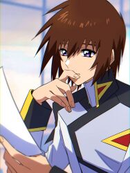 Rule 34 | 1boy, blue eyes, blurry, blurry background, brown hair, closed mouth, grey jacket, gundam, gundam seed, gundam seed destiny, hair between eyes, hand to own mouth, highres, holding, holding paper, jacket, kira yamato, long sleeves, male focus, military uniform, paper, reading, rrrisyf, short hair, solo, uniform, upper body, white jacket