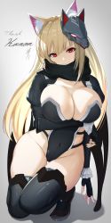 Rule 34 | 1girl, animal ear fluff, animal ears, arm guards, arm under breasts, black footwear, black gloves, blonde hair, boots, breast hold, breasts, character request, cleavage, closed mouth, commentary request, commission, covered navel, fingerless gloves, full body, gloves, grey background, highleg, highleg leotard, highres, kneeling, kokuusinsin, large breasts, leotard, long hair, mask, mask on head, phantasy star, phantasy star online 2, red eyes, second-party source, sidelocks, simple background, skeb commission, smile, solo, thigh boots, thighhighs