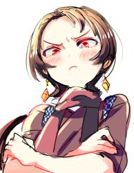 Rule 34 | 10s, 1boy, bad id, bad pixiv id, blush, brown hair, crossed arms, earrings, frown, japanese clothes, jewelry, kashuu kiyomitsu, long hair, looking at viewer, male focus, mole, mole under mouth, pippilipi, ponytail, red eyes, red scarf, scarf, sketch, solo, touken ranbu, upper body, white background