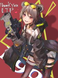 Rule 34 | 1girl, absurdres, black choker, black gloves, black thighhighs, blush, breasts, brown dress, bullpup, choker, commentary, commission, double bun, dress, eyewear on head, feet out of frame, girls&#039; frontline, gloves, gun, hair bun, hair ornament, hairclip, highres, holding, holding gun, holding weapon, leaning forward, light brown hair, looking at viewer, medium breasts, open mouth, p90, p90 (girls&#039; frontline), pixiv commission, r9k1, red background, red eyes, short hair, smile, solo, standing, submachine gun, sunglasses, teeth, thighhighs, upper teeth only, weapon
