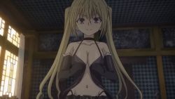 Rule 34 | 10s, 1girl, animated, animated gif, blonde hair, breasts, cleavage, large breasts, lieselotte sherlock, long hair, looking at viewer, navel, no bra, open clothes, purple eyes, smile, solo, teasing, trinity seven, twintails