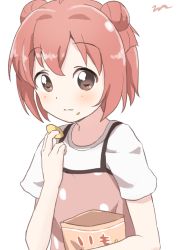 Rule 34 | 1girl, :t, aayh, akaza akari, bag of chips, blush, brown dress, brown eyes, brown hair, chips (food), closed mouth, commentary request, double bun, dress, eating, female focus, food, food on face, hair bun, holding, holding food, potato chips, shirt, short sleeves, simple background, sleeveless, sleeveless dress, solo, upper body, wavy mouth, white background, white shirt, yuru yuri