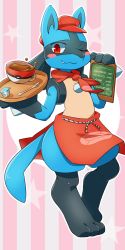 Rule 34 | 1boy, :3, animal ears, animal hands, apron, blush, blush stickers, cabbie hat, chalkboard, closed mouth, clothed pokemon, coffee, creamer packet, creatures (company), cup, drink, fang, full body, furry, furry male, game freak, gen 4 pokemon, hands up, happy, hat, heel up, highres, hitsuji tarou, holding, jpeg artifacts, looking at viewer, lucario, male focus, menu, nintendo, one eye closed, pink background, poke ball symbol, poke ball theme, pokemon, pokemon (creature), pokemon cafe remix, red eyes, red hat, ribbon, sideways mouth, simple background, smile, solo, spikes, spoon, standing, star (symbol), starry background, striped, striped background, tail, teacup, tray, wink, wolf ears, wolf tail