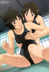 Rule 34 | 2girls, :o, absurdres, amagami, barefoot, black hair, blurry, blush, grabbing another&#039;s breast, breasts, brown hair, competition swimsuit, depth of field, feet, grabbing, highres, legs, megami magazine, multiple girls, nanasaki ai, non-web source, official art, one-piece swimsuit, scan, short hair, sitting, smile, swimsuit, tachibana miya, tachikawa seiji, toes, wet, yuri
