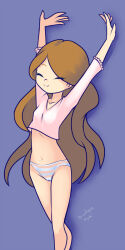 Rule 34 | 1girl, arms up, blue background, breasts, brown hair, closed eyes, collarbone, drantyno, highres, long hair, long sleeves, midriff, navel, panties, pink shirt, shirt, small breasts, smile, standing, stretching, striped clothes, striped panties, underwear, white panties