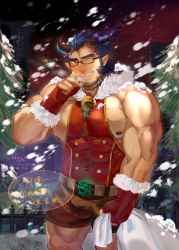 Rule 34 | 1boy, bara, blue hair, blush, bulge, christmas, cowboy shot, dark blue hair, demon boy, facial hair, fang, fiery horns, glasses, highres, horns, icelernd, jewelry, large pectorals, long sideburns, looking at viewer, male focus, muscular, necklace, nipple slip, nipples, pectorals, revealing clothes, scar, shorts, sideburns, snowing, solo, stubble, takemaru (housamo), thick eyebrows, thick thighs, thighs, tokyo houkago summoners, translation request, upper body
