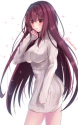 Rule 34 | 1girl, blush, breasts, closed mouth, cowboy shot, fate/grand order, fate (series), from side, grey sweater, hair intakes, highres, large breasts, long hair, long sleeves, looking at viewer, naked sweater, purple hair, red eyes, ribbed sweater, sad, scathach (fate), sleeves past wrists, solo, sparkle, sweater, sweater vest, tanaji, twitter username