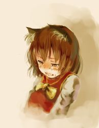 Rule 34 | 1girl, animal ears, blush, brown hair, cat ears, cat girl, chen, clenched teeth, crying, crying with eyes open, earrings, female focus, jewelry, no headwear, no headwear, sad, short hair, sketch, solo, tears, teeth, touhou, upper body, yae (mono110)
