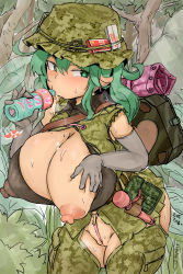 Rule 34 | 1girl, belt, belt pouch, bottle, box, bra, breasts, camouflage, camouflage headwear, condom box, covered erect nipples, drinking, gloves, green eyes, green hair, heart, heart-shaped pupils, hibachi (object), highres, huge breasts, jacket, key, large areolae, medium hair, okamoto condoms, okiraku nikku, open clothes, open jacket, panties, pouch, see-through, sleeveless, sleeveless jacket, spilling, string panties, sweat, symbol-shaped pupils, touhou, underwear, water bottle