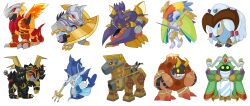 Rule 34 | absurdres, ancientbeatmon, ancientgarurumon, ancientgreymon, ancientirismon, ancientmegatheriumon, ancientmermaimon, ancientsphinxmon, ancienttroiamon, ancientvolcamon, ancientwisemon, digimon, dual wielding, highres, holding, horns, incredibly absurdres, mask, mermaid, mirror, monster girl, polearm, simple background, ten legendary warriors, trident, weapon, white background, wings, yellow eyes