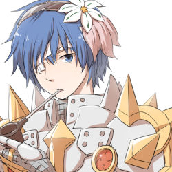 Rule 34 | 1boy, armor, bandage over one eye, blue eyes, blue hair, breastplate, brown hairband, chainmail, closed mouth, commentary request, expressionless, flower, gauntlets, hair flower, hair ornament, hairband, looking at viewer, male focus, natsuya (kuttuki), pauldrons, pipe in mouth, ragnarok online, rune knight (ragnarok online), short hair, shoulder armor, simple background, smoking pipe, solo, spiked pauldrons, upper body, white background, white flower