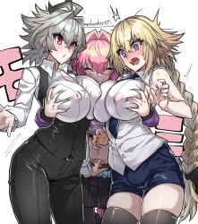 Rule 34 | 1boy, 2girls, @ @, ahoge, artist name, astolfo (fate), bare shoulders, belt, belt buckle, blonde hair, blush, braid, braided ponytail, breasts, buckle, closed eyes, commentary request, covered erect nipples, cowboy shot, embarrassed, fate/apocrypha, fate (series), genderswap, genderswap (mtf), grabbing, grabbing another&#039;s breast, grey hair, groping, hair between eyes, haoro, hetero, highres, jeanne d&#039;arc (fate), jeanne d&#039;arc (girl from orleans) (fate), jeanne d&#039;arc (ruler) (fate), large breasts, long hair, long sleeves, midriff, multiple girls, navel, necktie, open mouth, pantyhose, pimp, pink hair, shirt, shorts, sieg (fate), simple background, skirt, sleeveless, standing, striped clothes, striped shirt, sweat, teeth, thighhighs, tongue, trap, twitter username, watermark, white background