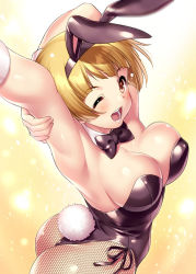 Rule 34 | 1girl, animal ears, arm behind head, arm up, armpits, ass, bare shoulders, black bow, black bowtie, black leotard, blonde hair, blush, bow, bowtie, breasts, brown eyes, cleavage, detached collar, fake animal ears, fishnet pantyhose, fishnets, fukuda noriko, idolmaster, idolmaster million live!, large breasts, leotard, looking at viewer, one eye closed, open mouth, pantyhose, playboy bunny, rabbit ears, rabbit tail, short hair, smile, solo, strapless, strapless leotard, stretching, tail, wrist cuffs, zen