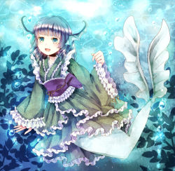 Rule 34 | 1girl, bad id, bad pixiv id, blue eyes, blue hair, bubble, fins, head fins, jaku sono, japanese clothes, kimono, long sleeves, matching hair/eyes, mermaid, monster girl, obi, open mouth, sash, short hair, smile, solo, touhou, underwater, wakasagihime, wide sleeves