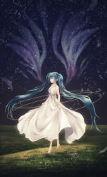 Rule 34 | 1girl, absurdly long hair, aqua eyes, aqua hair, artist name, artist request, bare shoulders, blue eyes, blue hair, blurry, breasts, cloud, depth of field, dress, feet, female focus, full body, hatsune miku, highres, holding skirt, long hair, murzim72, night, night sky, outdoors, parted lips, skirt, sky, small breasts, smile, solo, star (sky), sundress, twintails, very long hair, vocaloid, white dress, white skirt