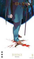 Rule 34 | 1boy, belt, blood, blood on clothes, bloodborne, blue pants, brown belt, brown footwear, bug, cane, centipede, character request, clenched hand, frozensoba, highres, holding, holding cane, justice (tarot), long sleeves, lower body, male focus, pants, simple background, solo, tarot, tarot (medium), the old hunters, weapon, white background