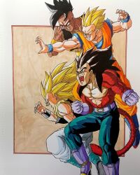 Rule 34 | 4boys, dragon ball, dragon ball gt, fusion, gotenks, highres, incoming attack, multiple boys, muscular, muscular male, serious, son gohan, super saiyan, super saiyan 3, super saiyan 4, tagme, uub, vegeta
